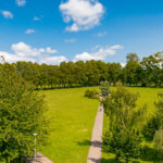 Expansive green parkland, trees.