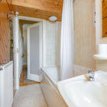 Bathroom with wood ceiling.